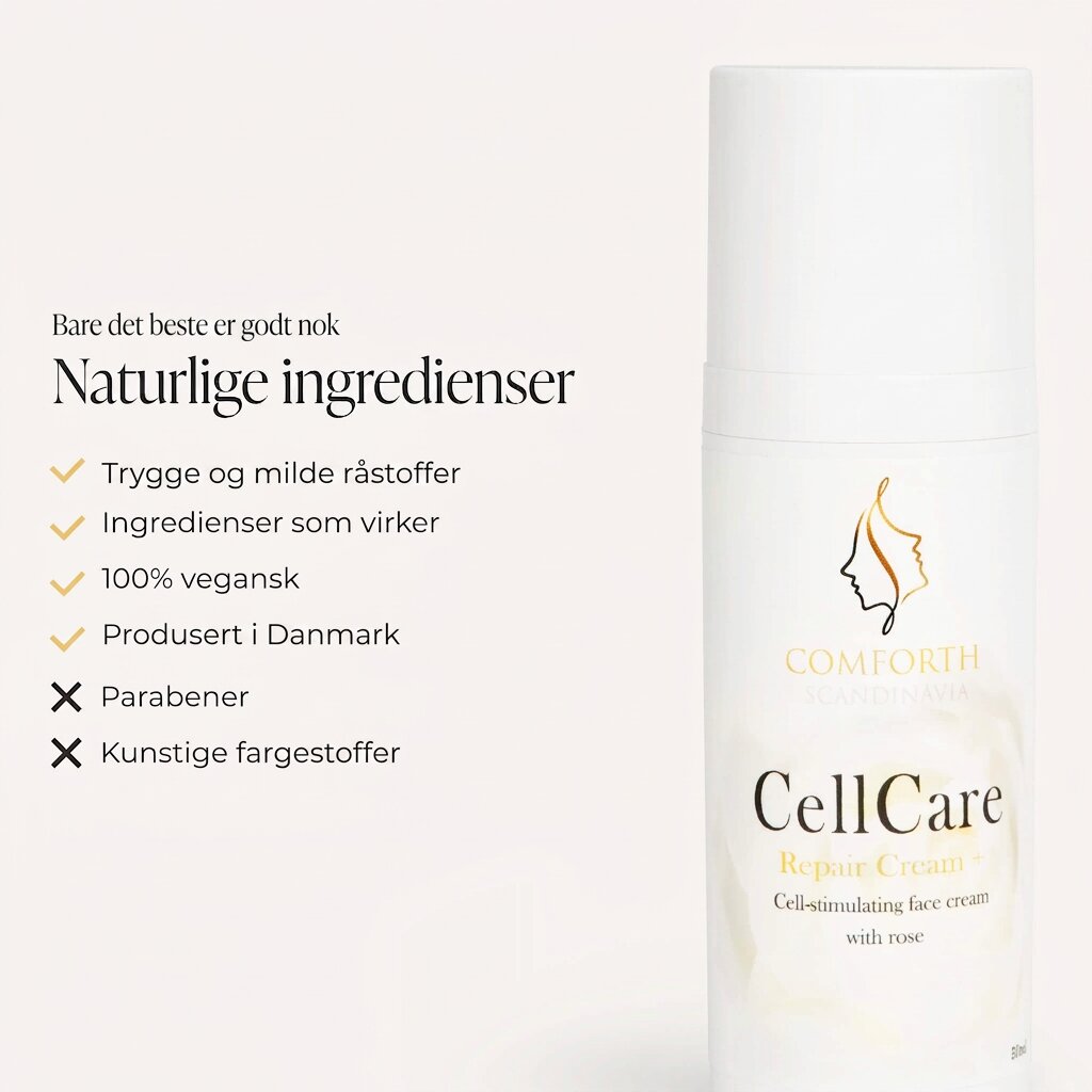 CellCare Repair Krem med villrose og oversikt over naturlige ingredienser